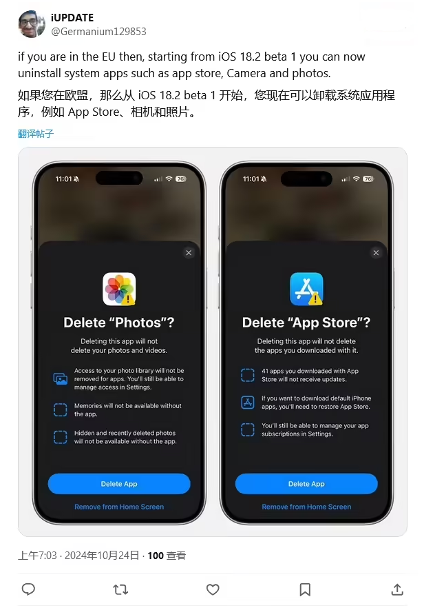 南宁苹果手机维修分享iOS 18.2 支持删除 App Store 应用商店 