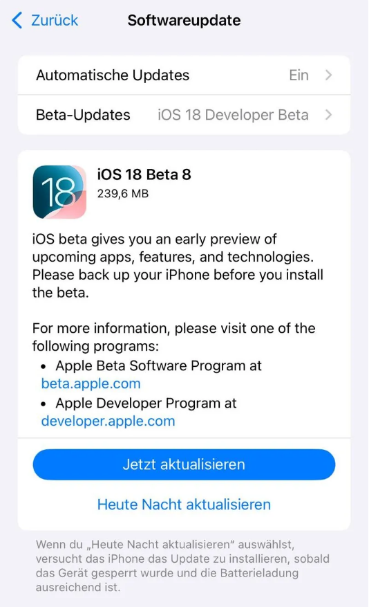 南宁苹果手机维修分享苹果 iOS / iPadOS 18 开发者预览版 Beta 8 发布 